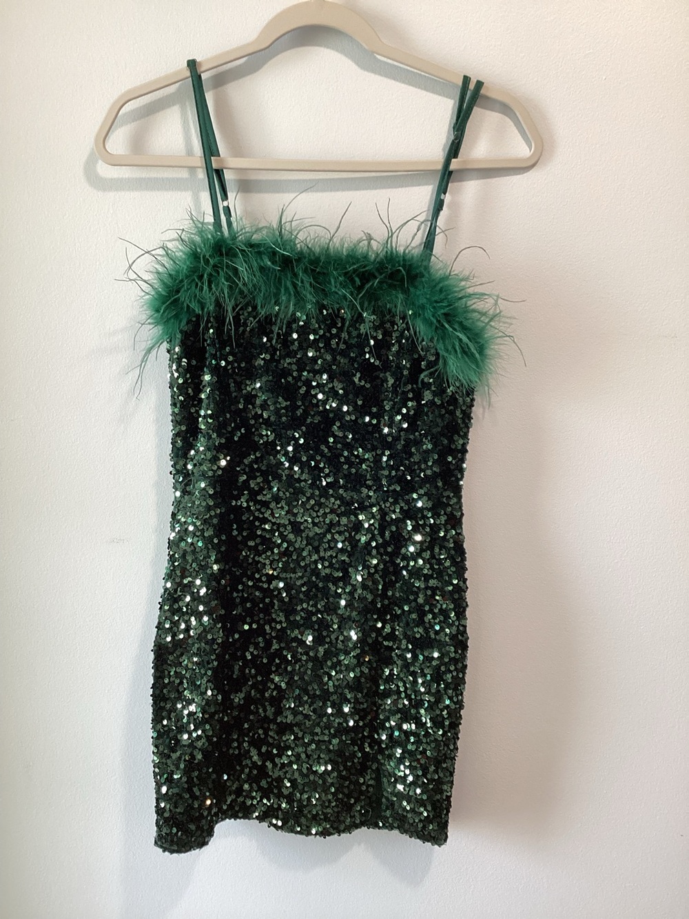 Blu Pepper Green Sequin Dress with Feather Trim